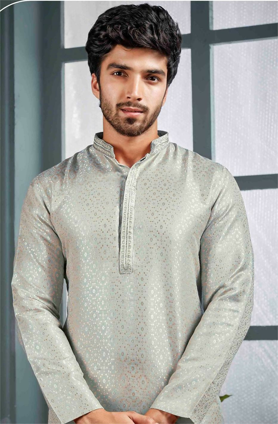 Boys Grey Poly Jacquard Kurta Pajama Set for Special Occasions