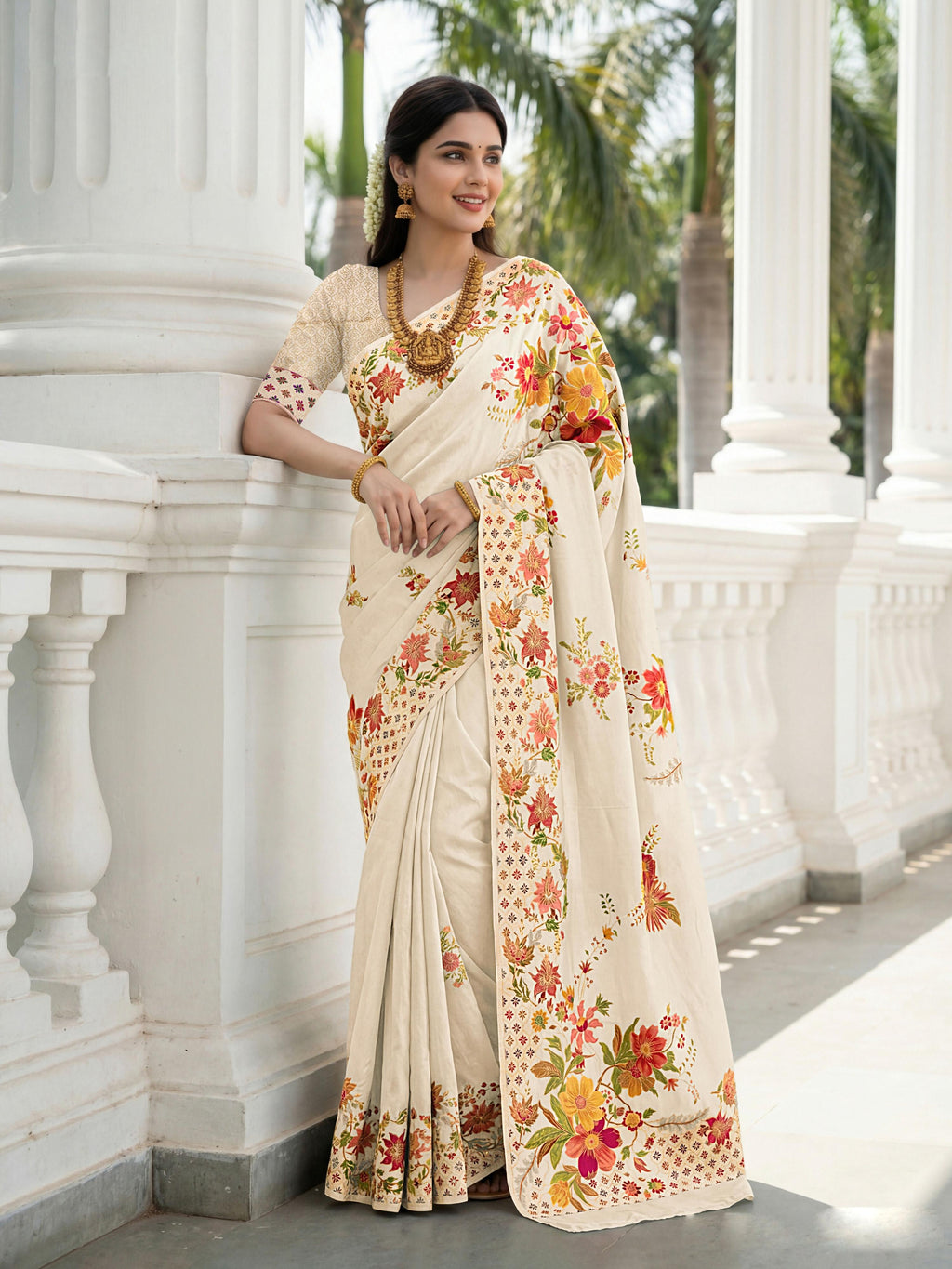 Cream Premium Russian Silk Designer Floral Saree