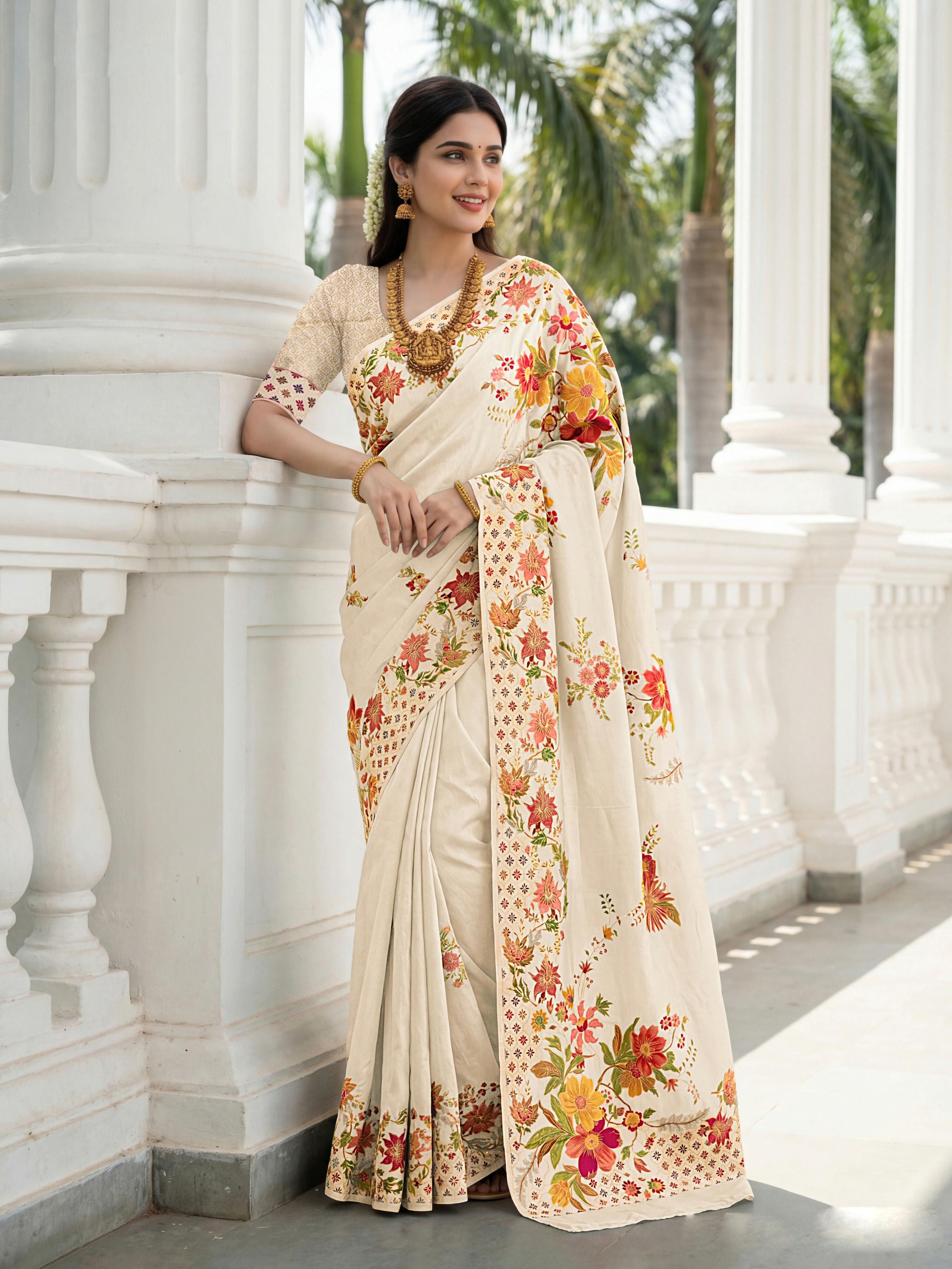 Cream Premium Russian Silk Designer Floral Saree
