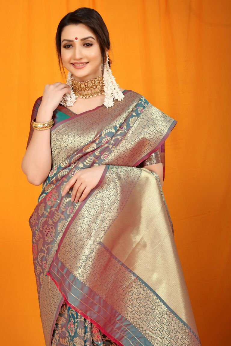 Grey Kanjivaram Silk Zari Woven Saree with Matching Blouse