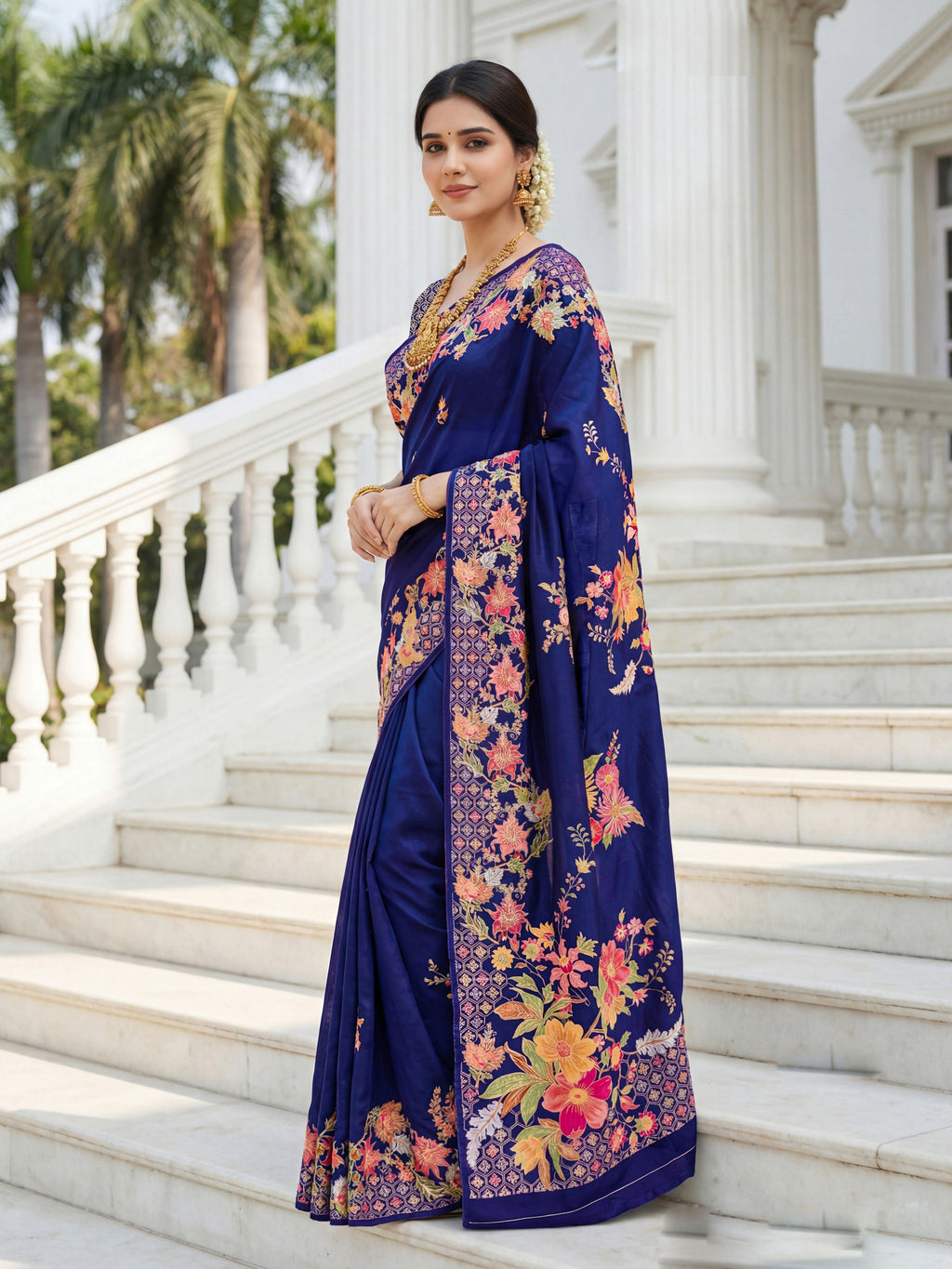 Royal Blue Premium Russian Silk Floral Print Saree