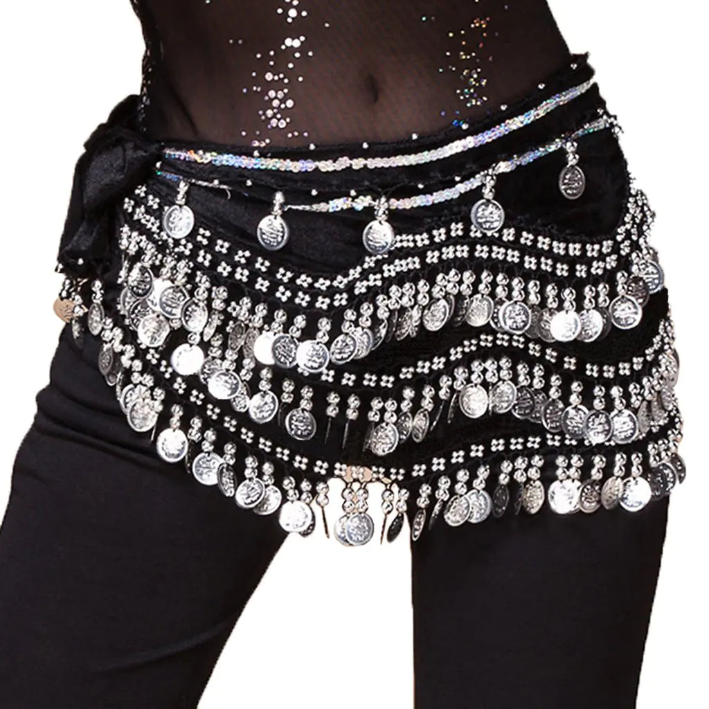 Wuchieal Womens Belly Dancing Belt Colorful Waist Chain Belly Dance Hip Scarf Belt (Black -Silver coins One Size)