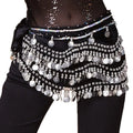 Wuchieal Womens Belly Dancing Belt Colorful Waist Chain Belly Dance Hip Scarf Belt (Black -Silver coins One Size)