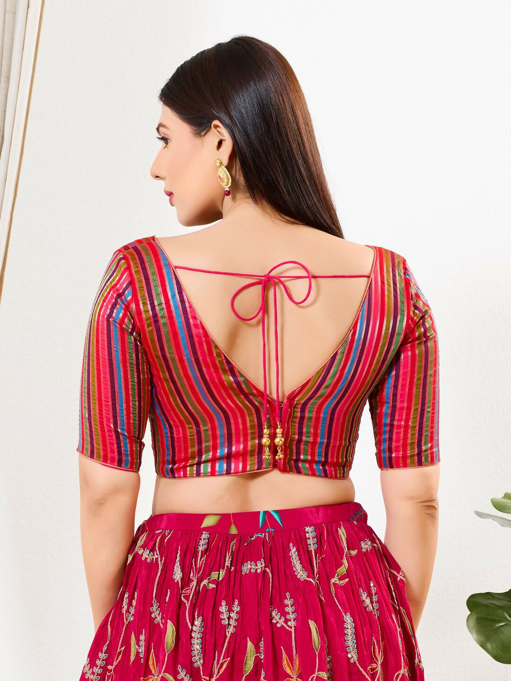 Pink Multi Brocade Padded Blouse with V Neck and Elbow Sleeves