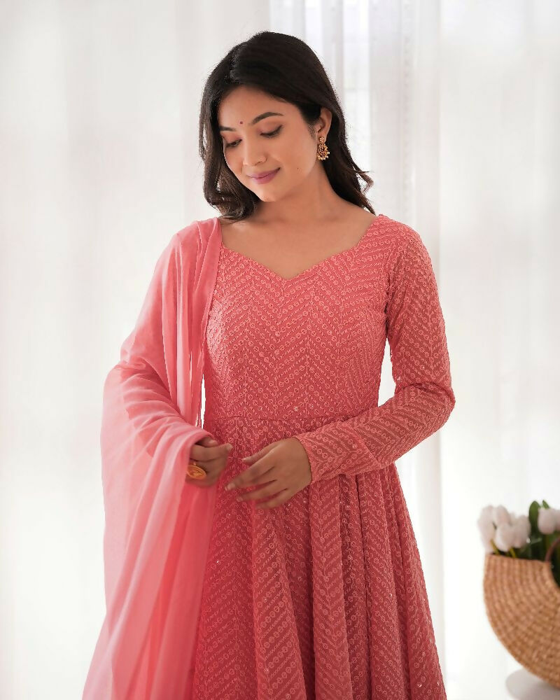 Peach Kurta Set with Georgette Sequin Embroidery Work (3-Piece)