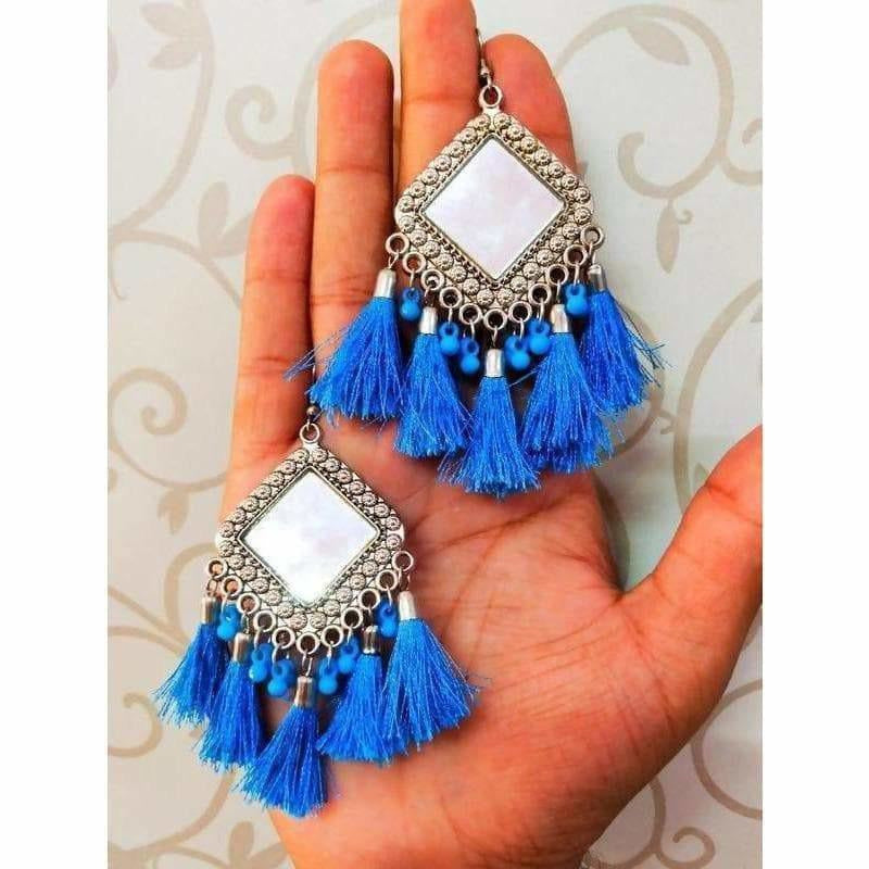 Kite design hanging earrings in blue silk thread with mirror work