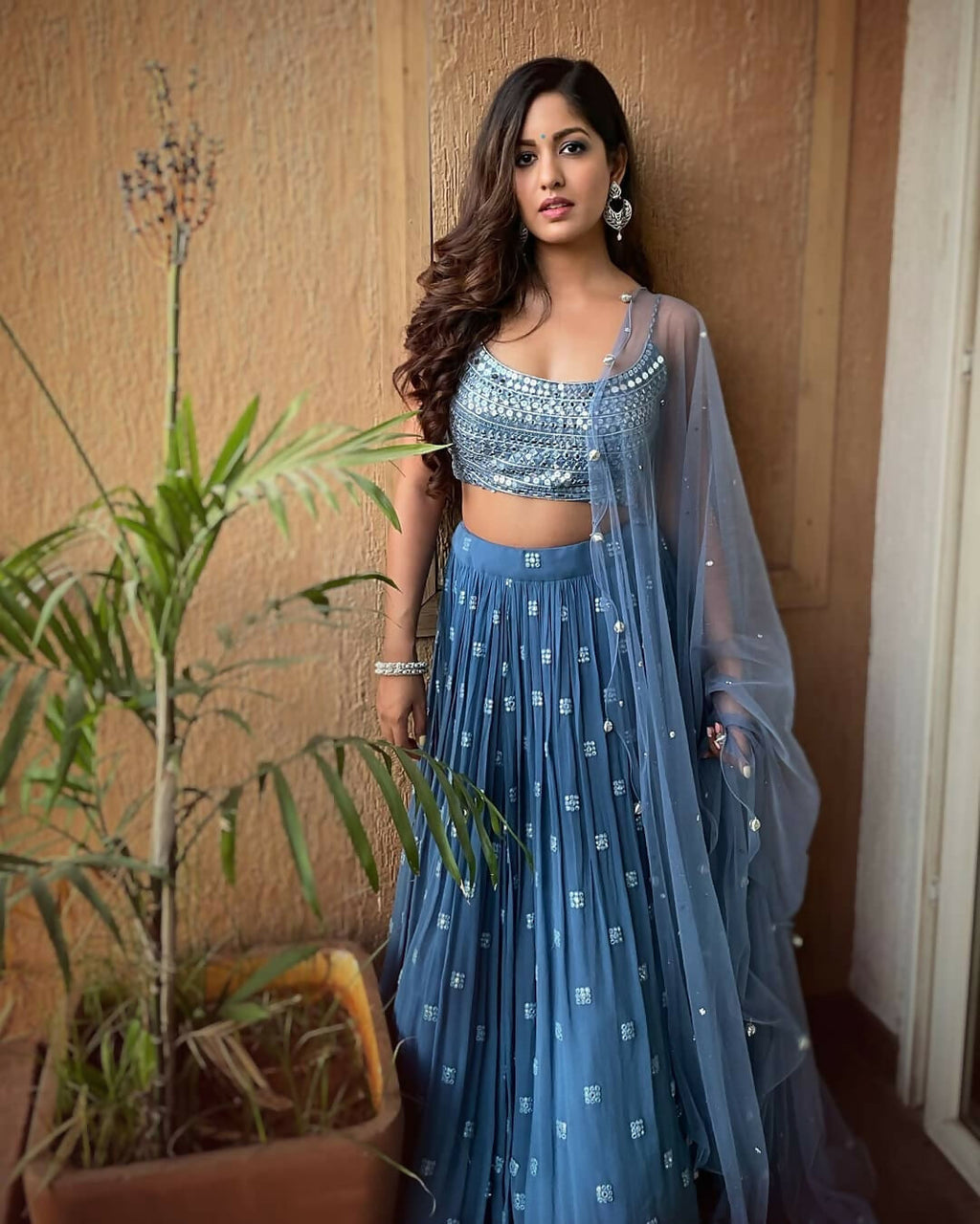 Blue Faux Georgette Lehenga with 3MM sequin and thread work