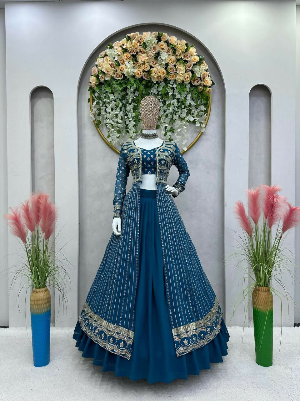 Teal faux georgette lehenga choli with sequins and shrug, fully stitched