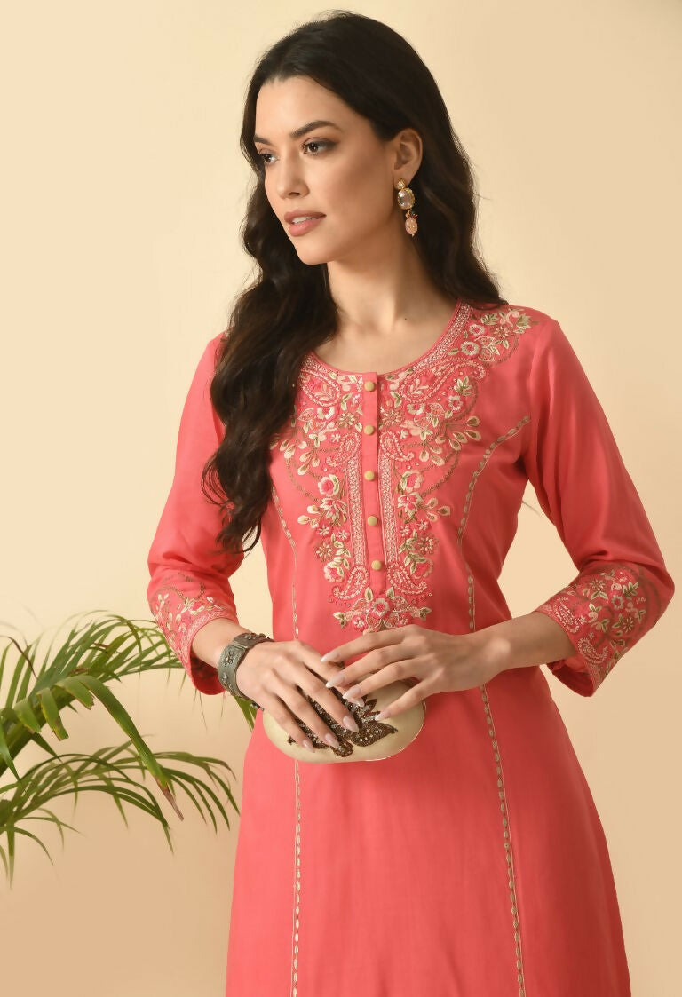 Coral Cotton Rayon Kurta Set - Two-Piece Ethnic Ensemble