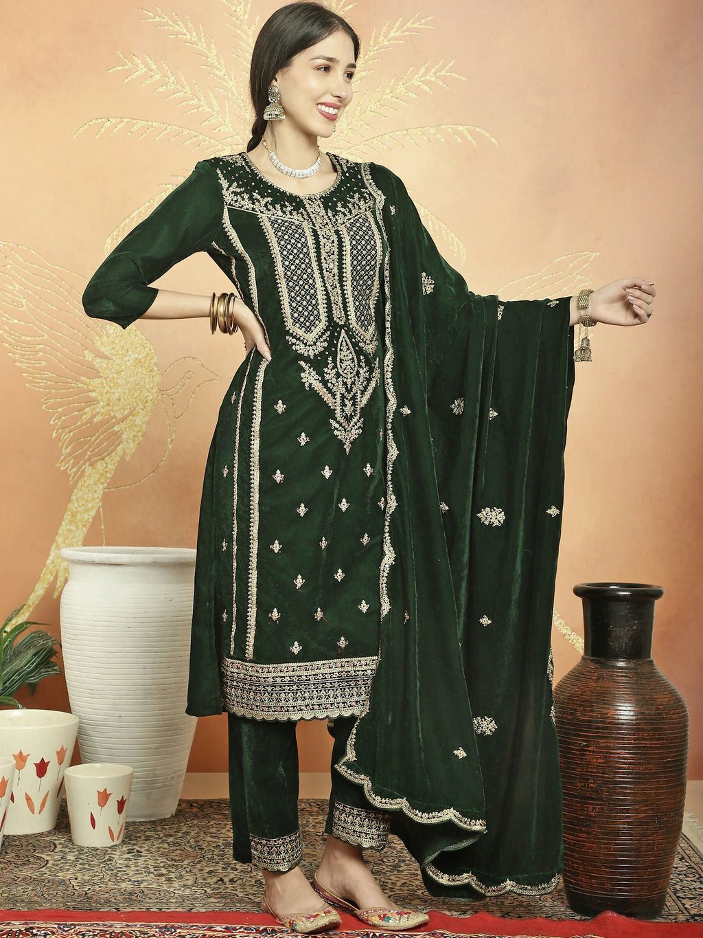 Green Velvet Straight Kurta Set with Cording & Sequin Detail