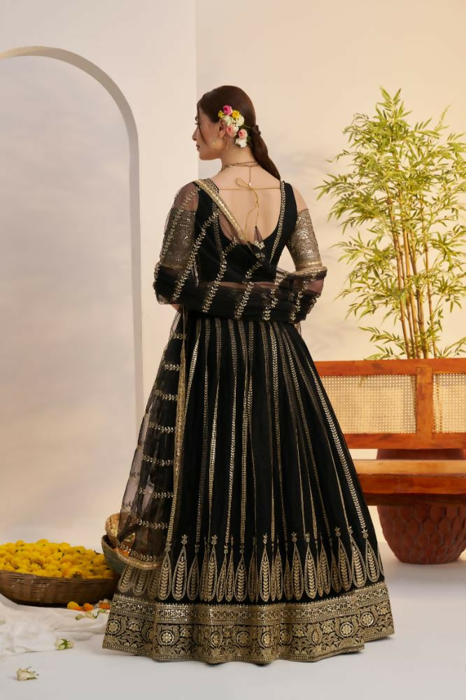 Black Butterfly Net Lehenga with Zari and Cotton Thread Work