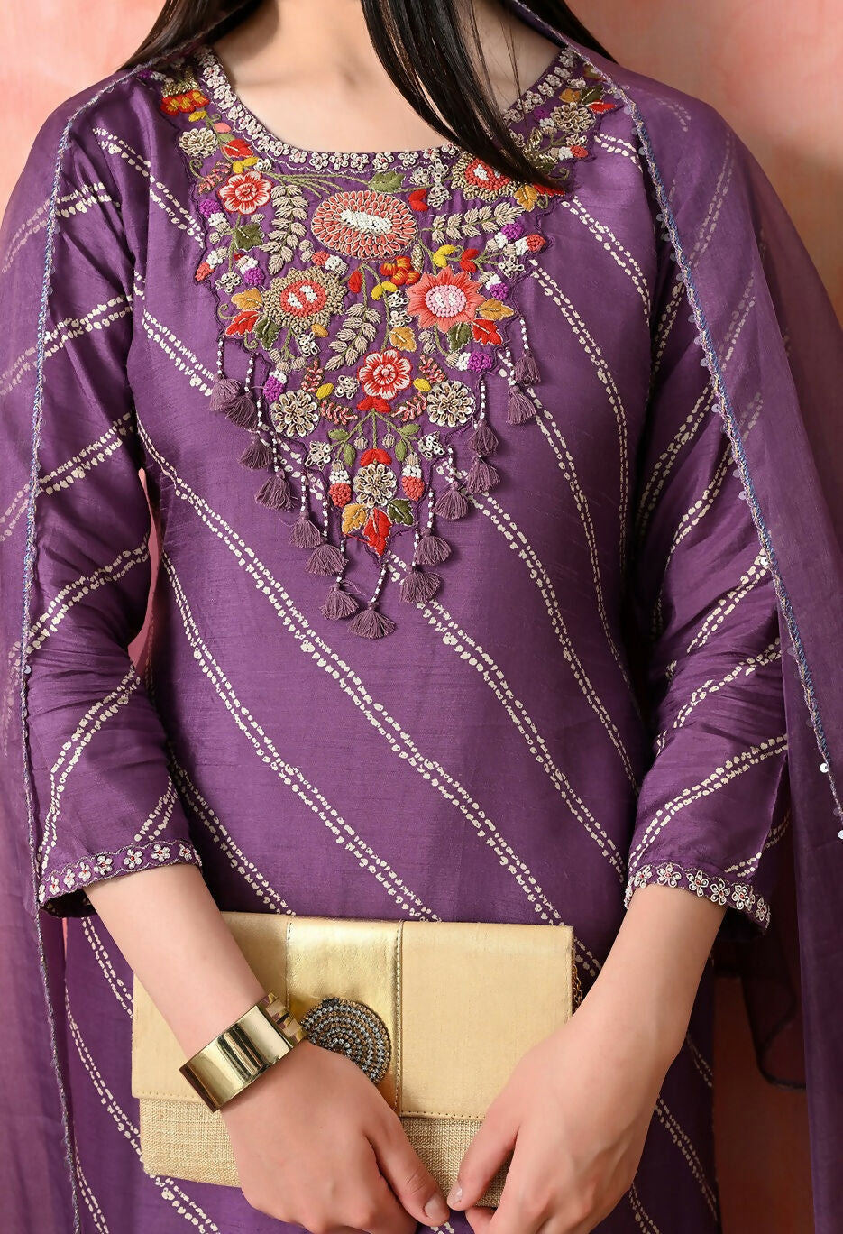 Mauve Premium Pure Viscose Dola Print Kurta Set with Handwork