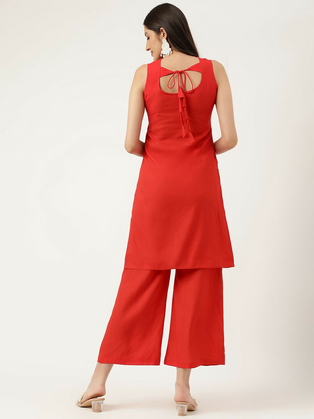 Red Rayon Embroidered Straight Kurta and Bottom Set