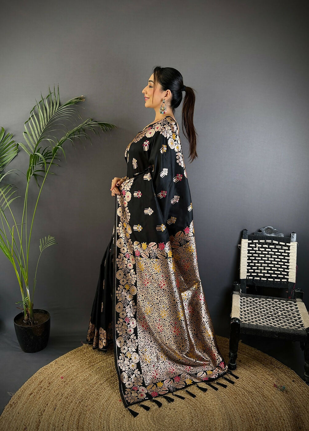 Black Meenakari Woven Soft Silk Saree with Matching Blouse
