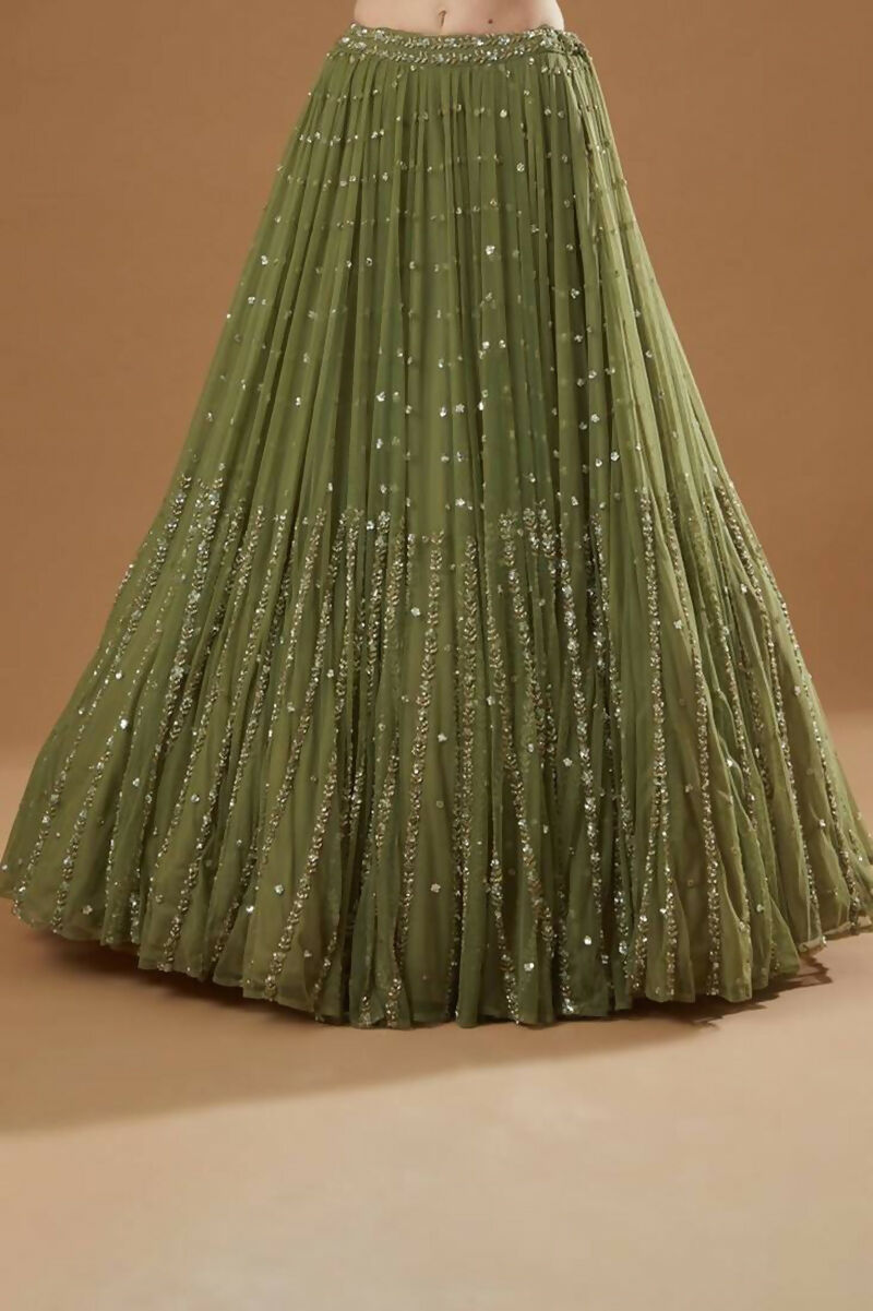 Olive Green Zari and Thread Embroidered Georgette Lehenga