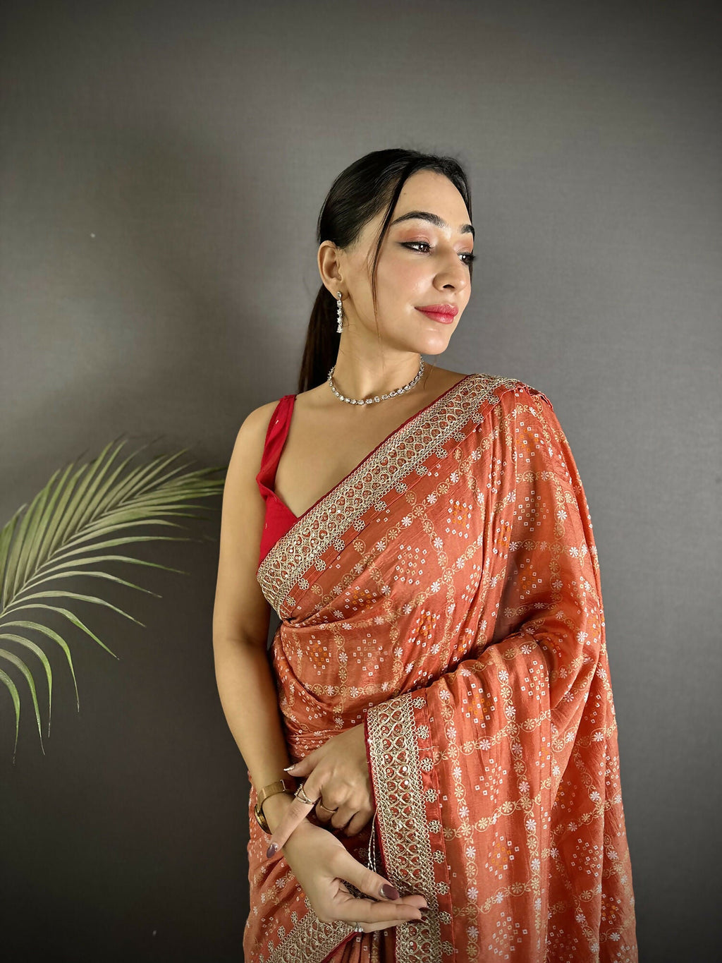 Peach Vichitra Silk Bandhani Print Saree with Traditional Motifs