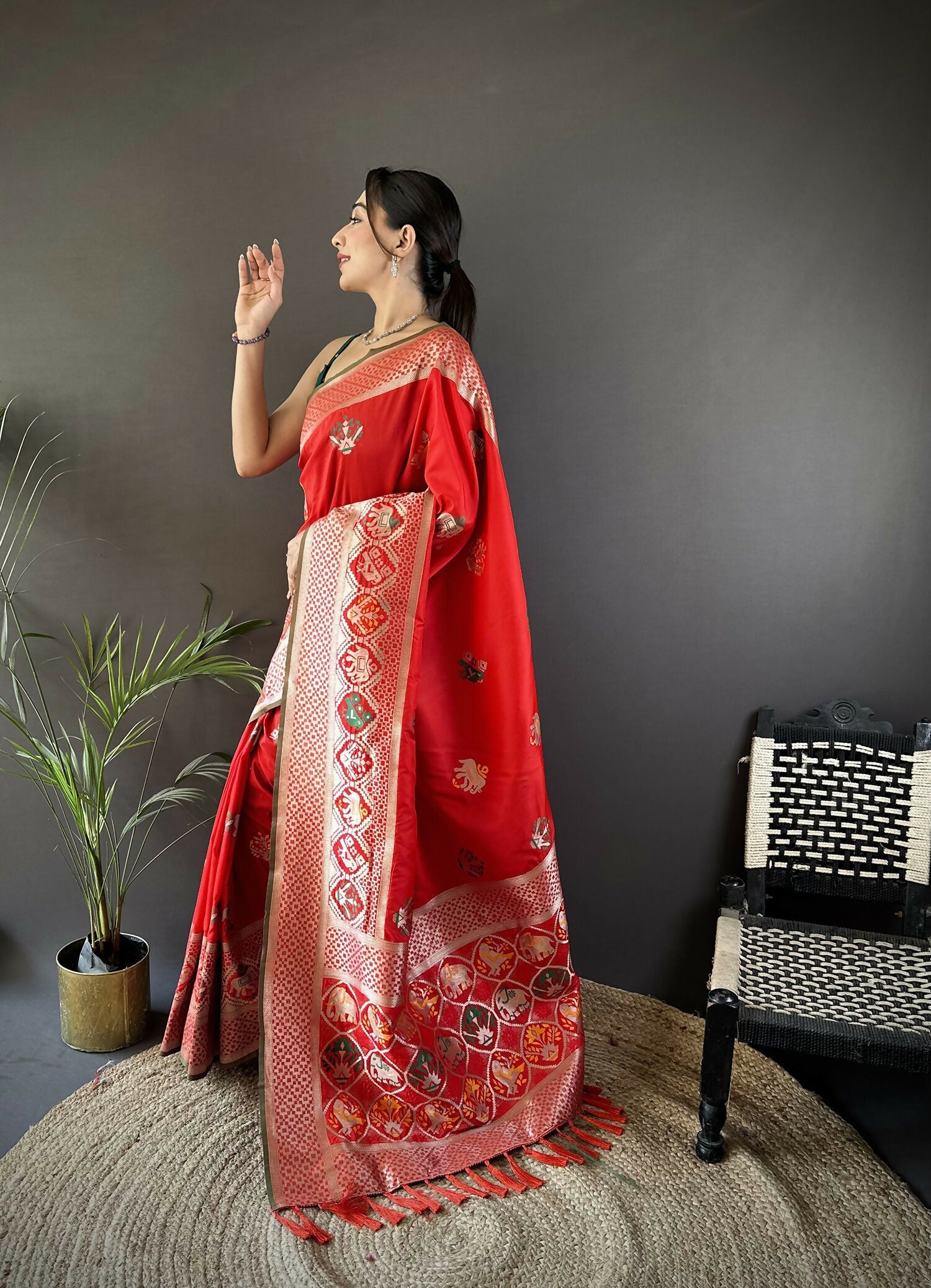 Red Elephant & Floral Motif Soft Lichi Silk Banarasi Saree