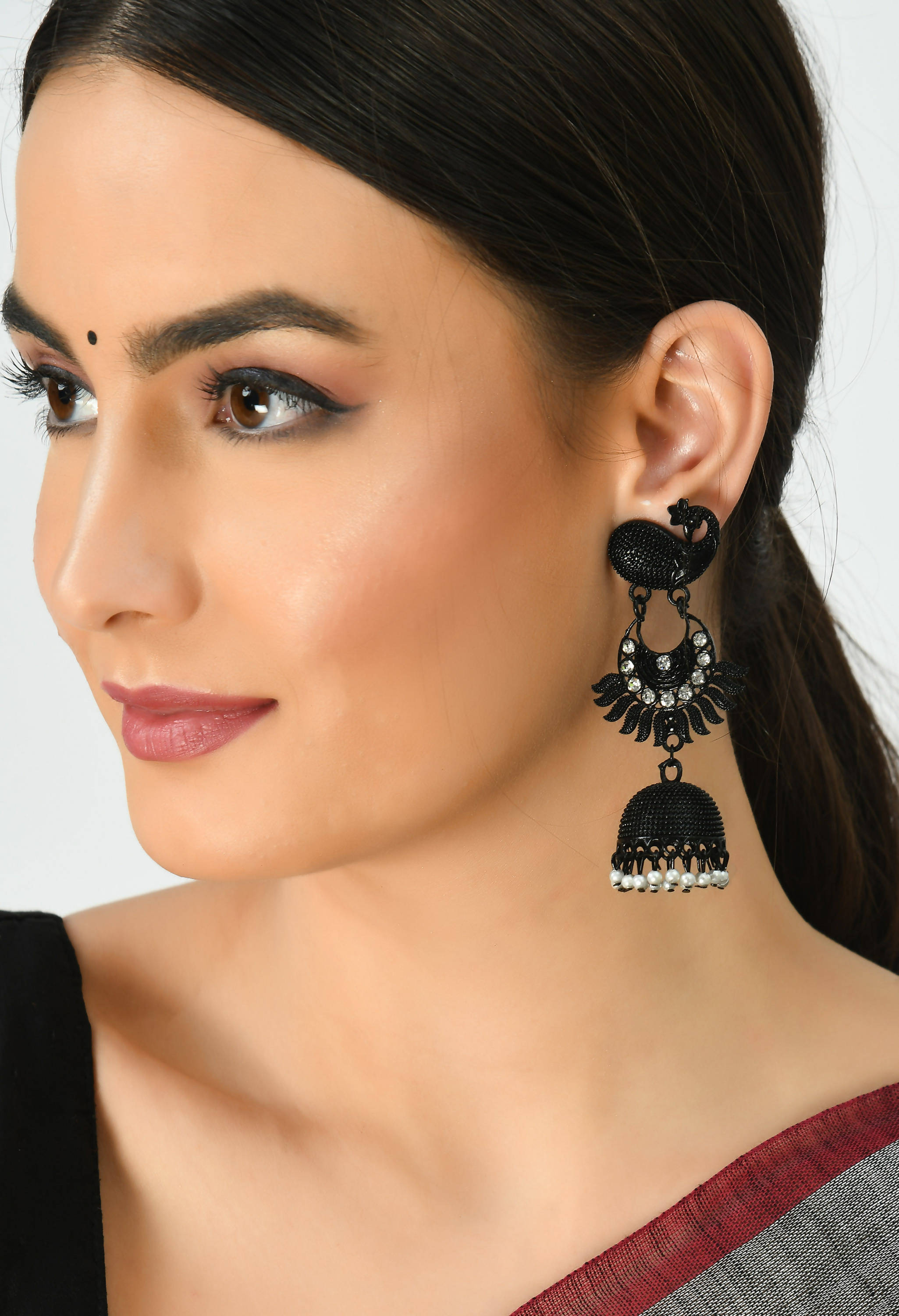 Black Peacock Jhumka Earrings with Beads - Traditional Jewelry