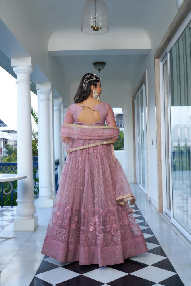 Dusty Pink Butterfly Net Lehenga with Cotton Thread and Sequence Work