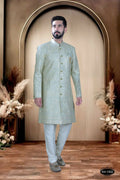 Green silk Kurta with heavy thread and sequence embroidery for boys