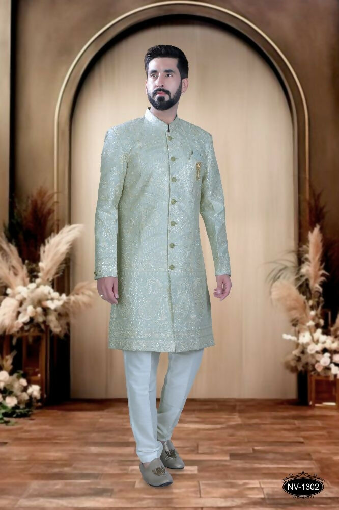Green silk Kurta with heavy thread and sequence embroidery for boys