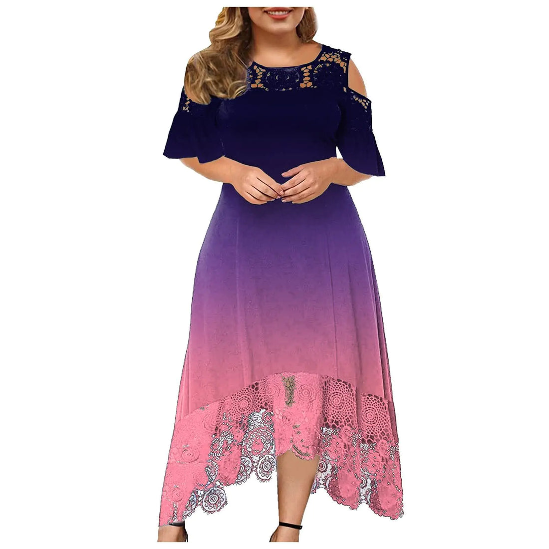 Women's Off-Shoulder Lace Trim Gradient High-Low Dress