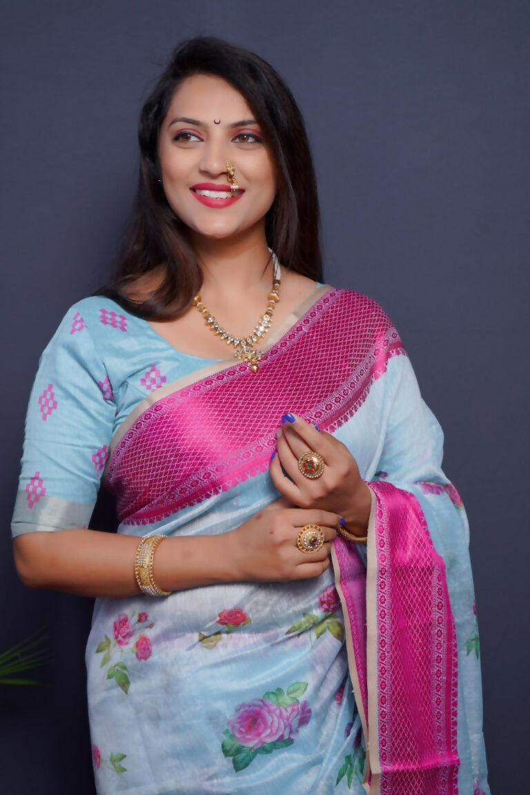 Pink Linen Silk Digital Print Saree with Jacquard Border