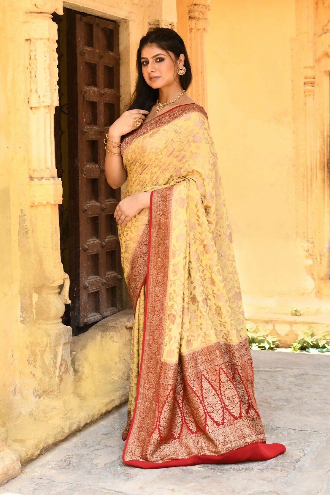 Yellow Crepe Chiffon Pure Handloom Banarasi Silk Saree