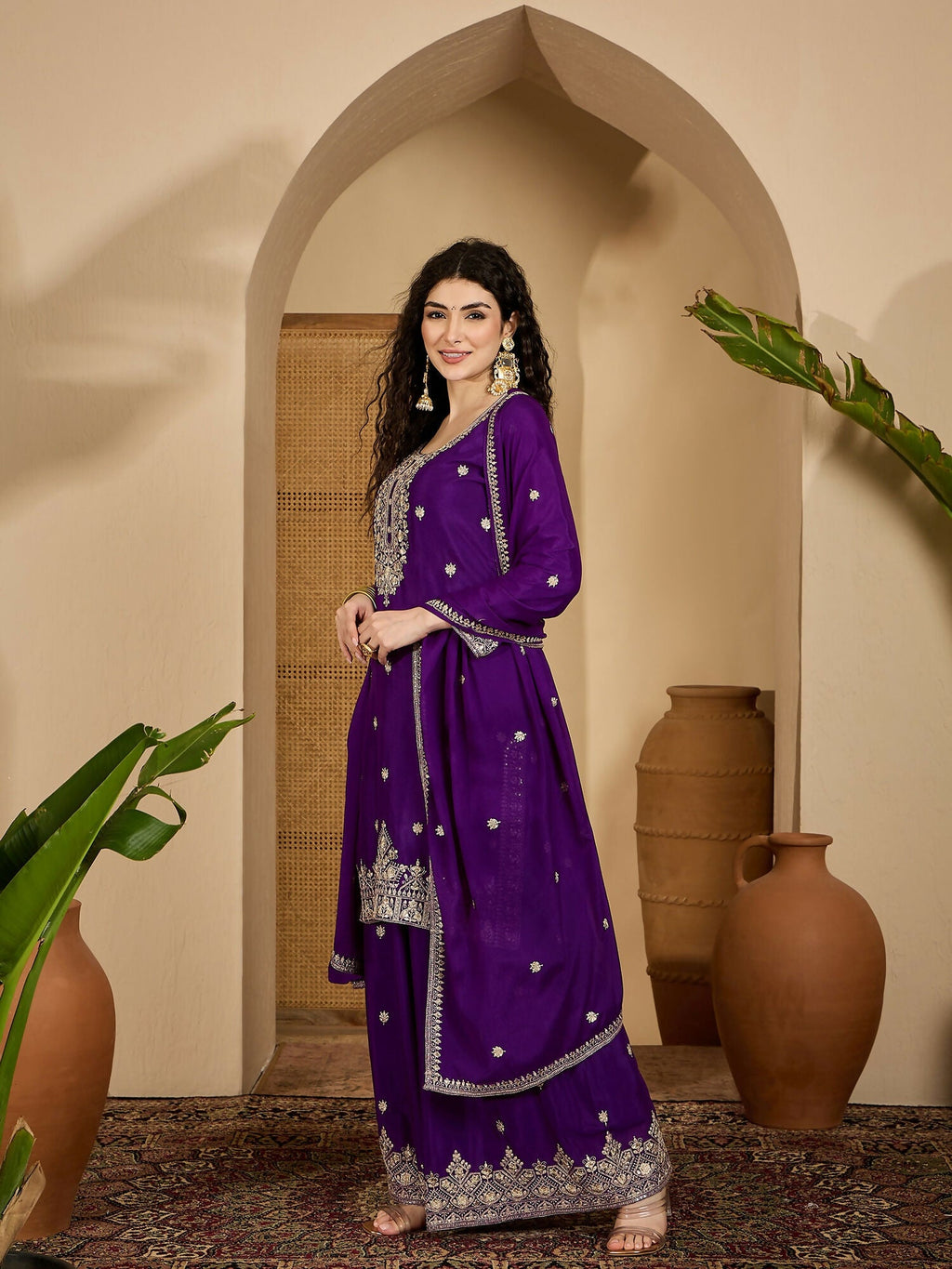 Purple Chinon Silk Embroidered Kurta Set with 3/4 Sleeves
