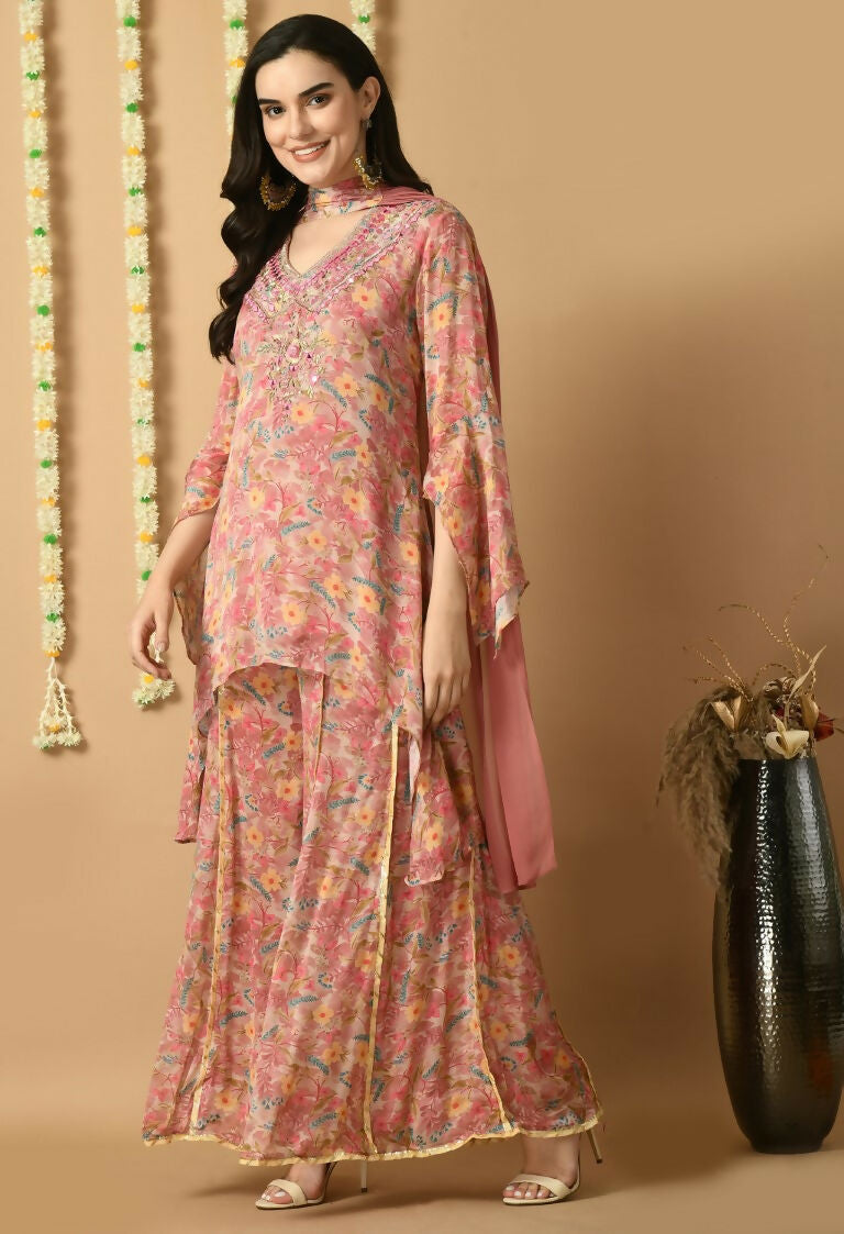 Rose Gold Chinnon Kurta Set with Organza Dupatta