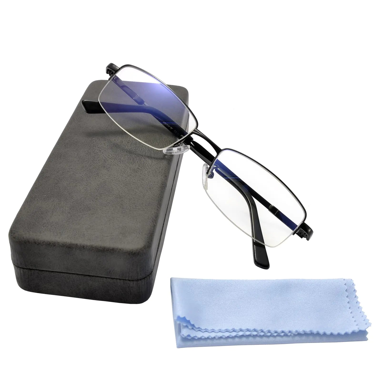 SANHOOPOLO Computer Blue Light Blocking Glasses For Men And Women Computer Gaming Glasses Metal Half Frame Clear Lens (Black Frame Glasses + Black Eyeglass Case)