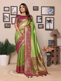 Aastha Fashion Pista green tissue silk saree with intricate weaving and a rich maroon blouse