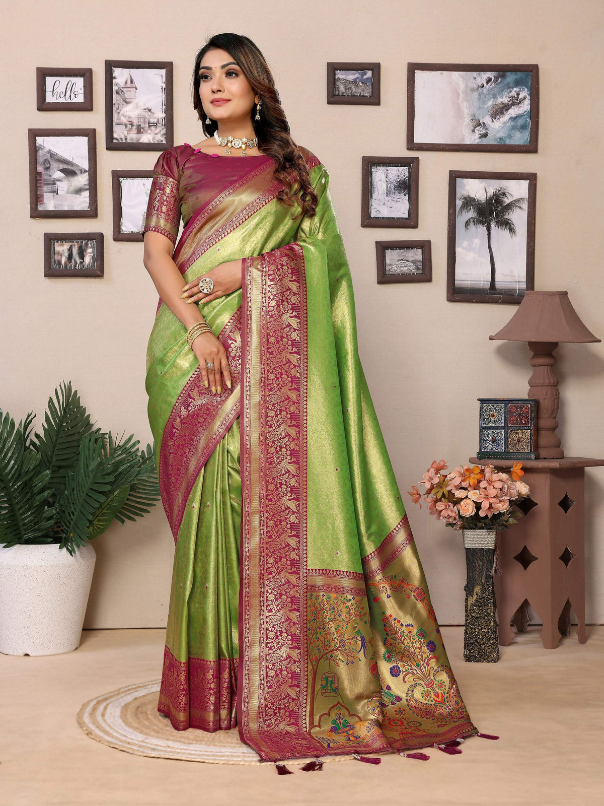 Aastha Fashion Pista green tissue silk saree with intricate weaving and a rich maroon blouse
