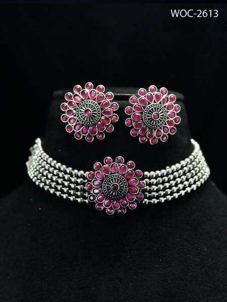 Pink Kundan Oxidised Silver-Plated Brass Finish Choker