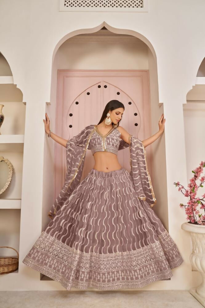 Onion Pink Butterfly Net Lehenga with white cotton thread, zari, and sequence work