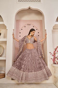 Onion Pink Butterfly Net Lehenga with white cotton thread, zari, and sequence work