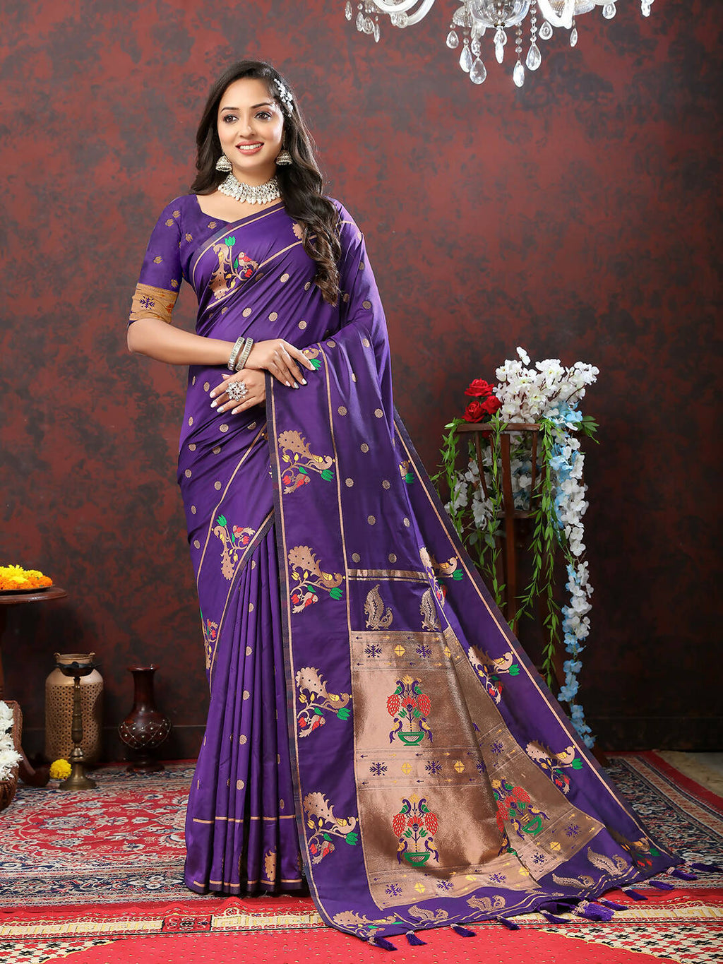 Purple Soft Paithani Silk Saree with Copper Zari Meenakari Weaving