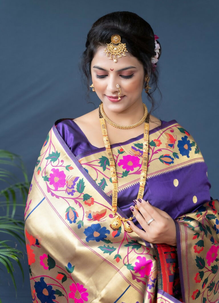 Women's Purple Paithani Silk Saree with Zari Woven Border & Blouse