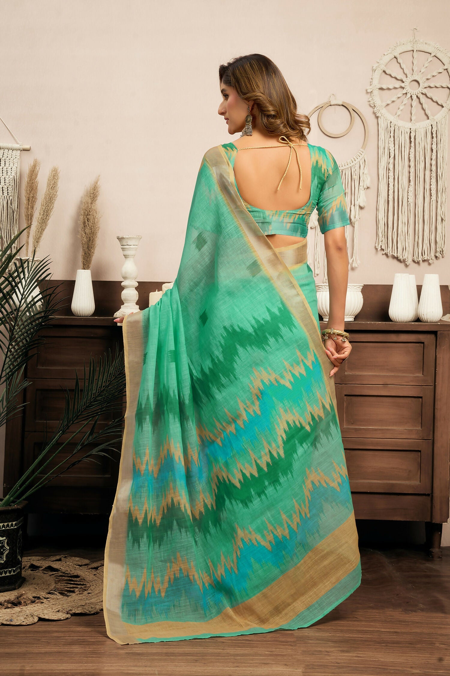 Teal Green Ikkat Linen Ready To Wear Saree with Blouse