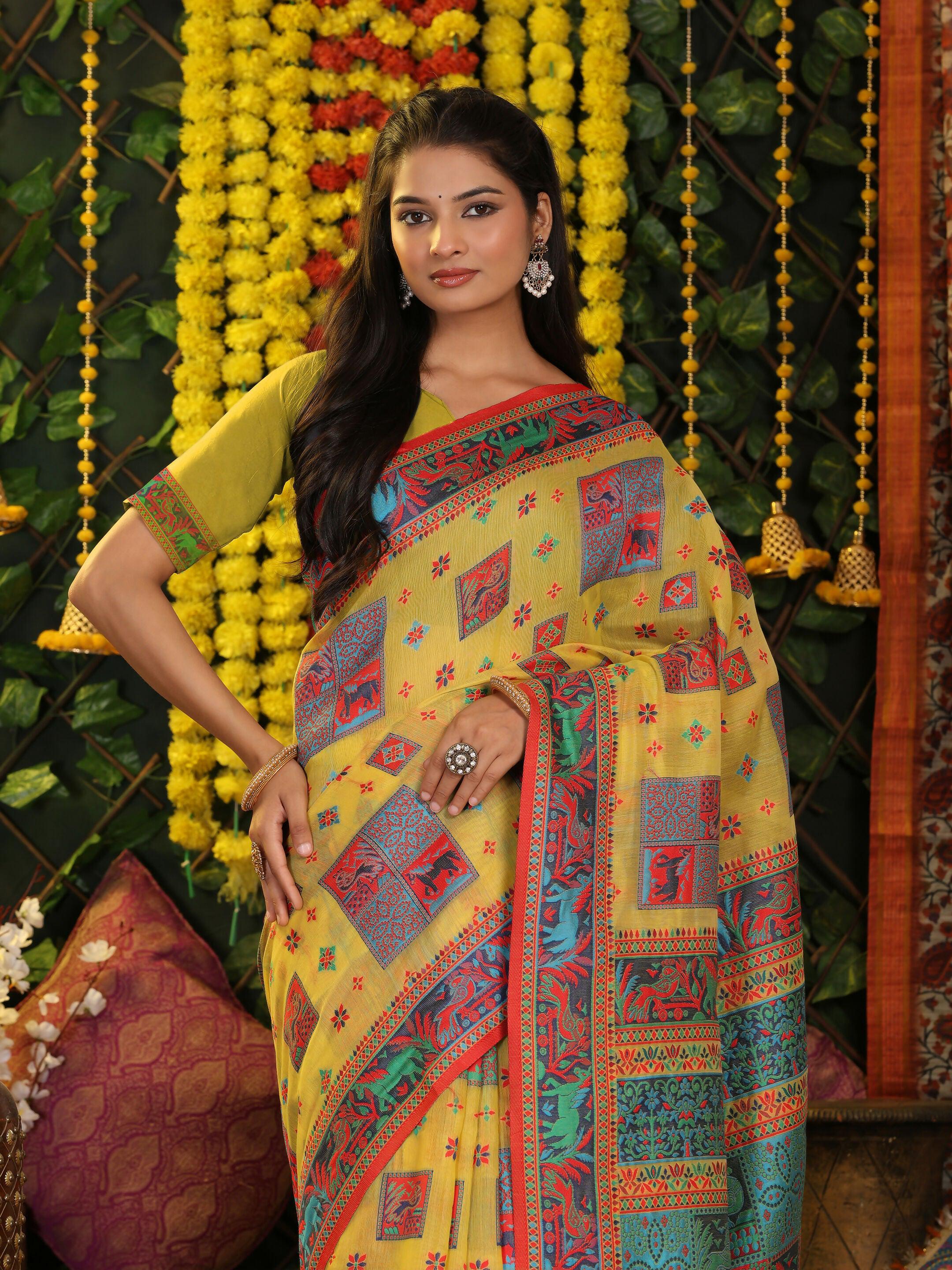 Yellow Linen Cotton Saree with Matching Blouse Piece