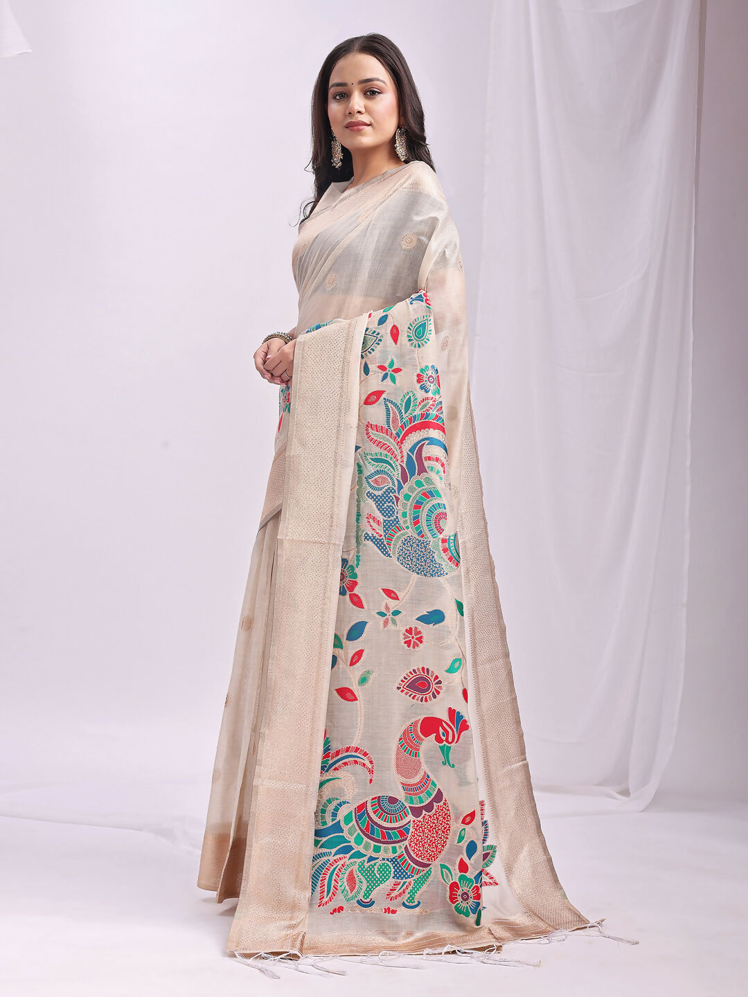 Shree Shyam Fashion Linen Cotton Cream Saree