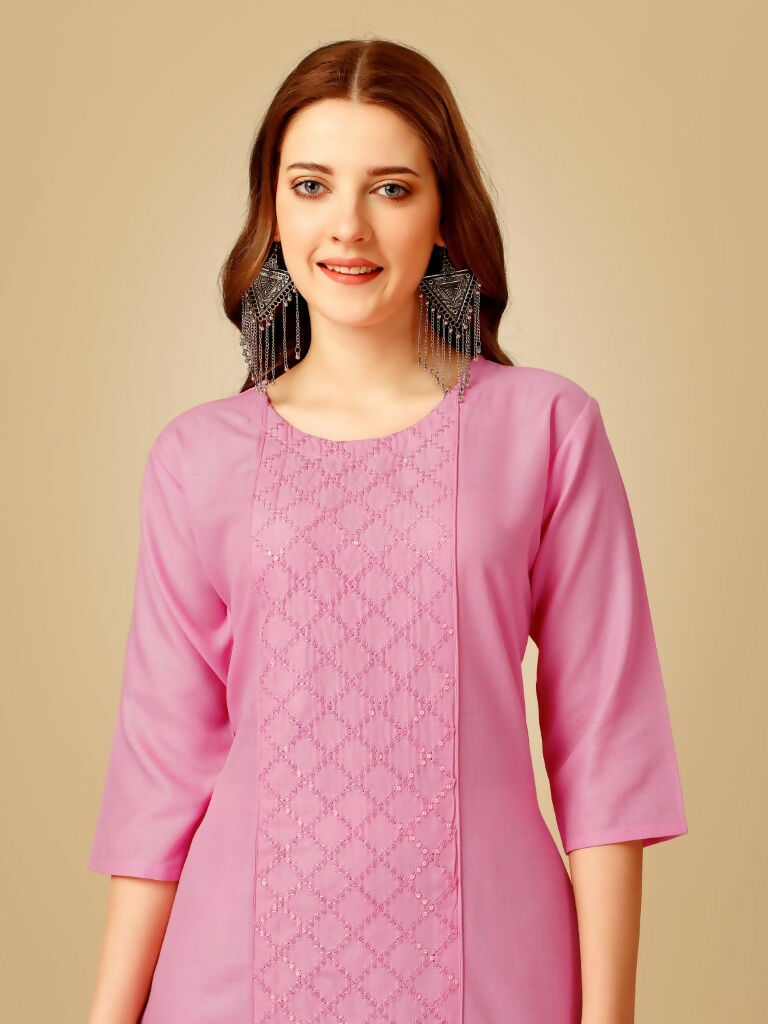 Women's Pink Embroidered Cotton Blend Kurta Pant Set with Sequins