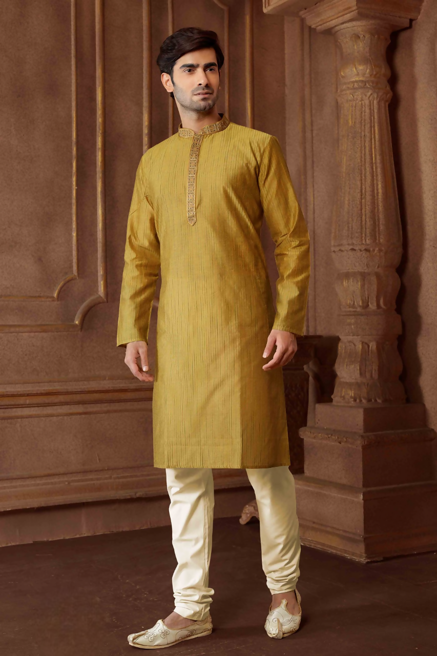 Mehndi green striped art silk kurta paired with cotton pyjama for boys