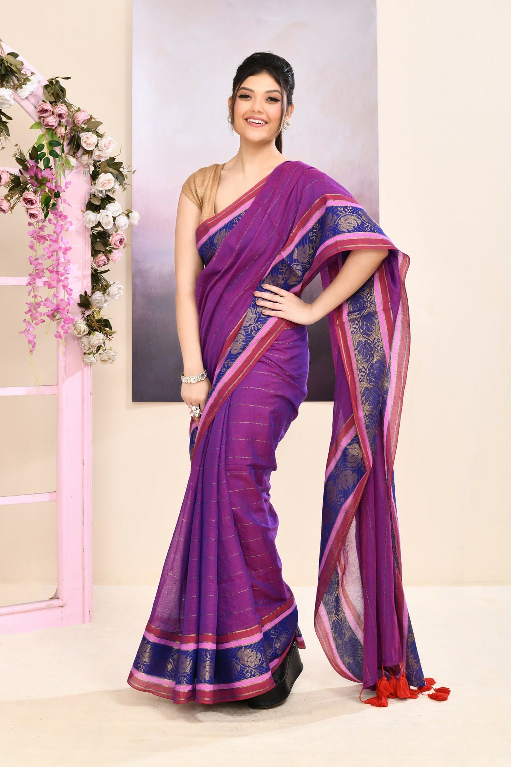 Purple Embellished Zari Border Cotton Jamdani Saree