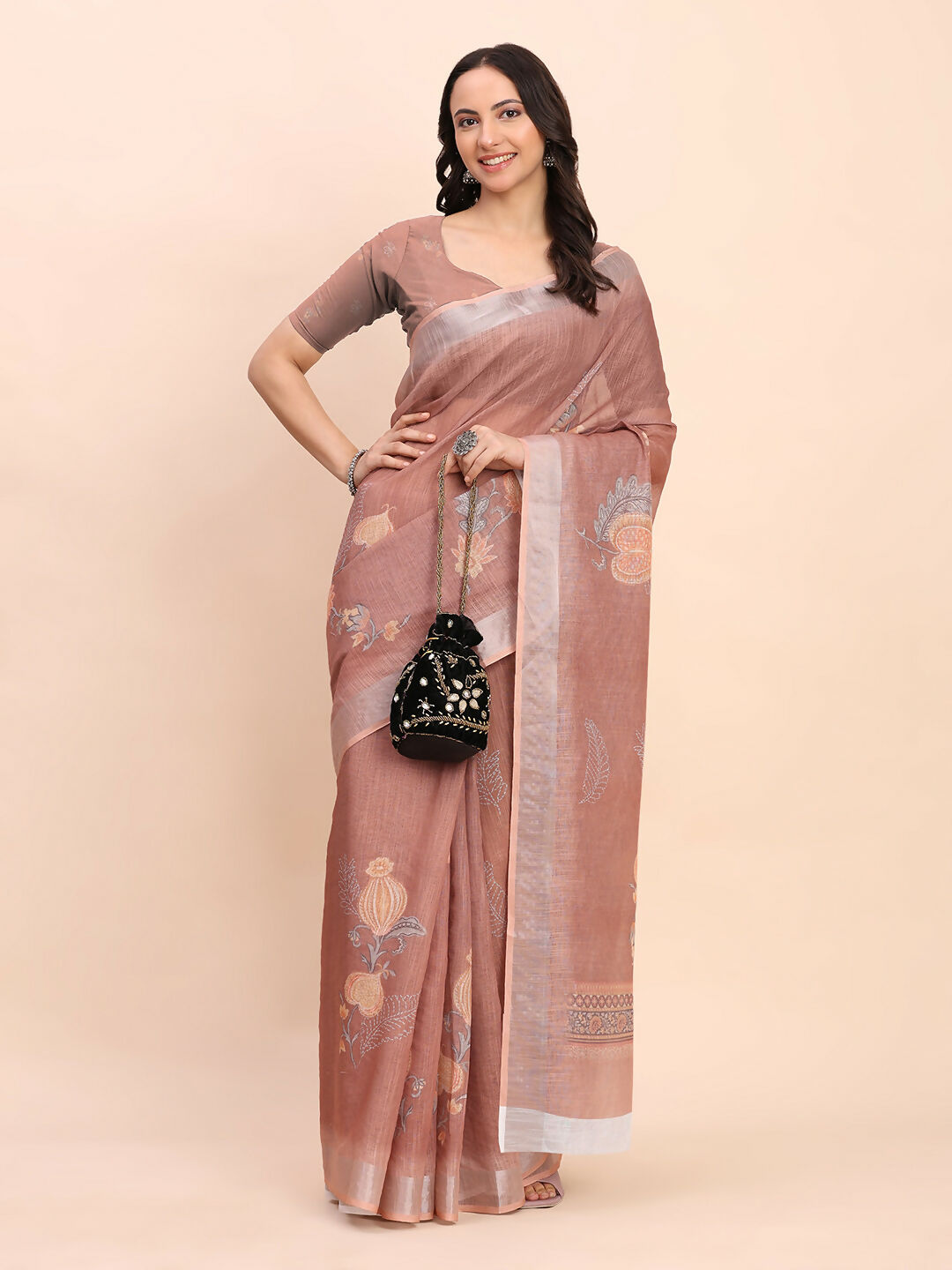 Brown Linen Cotton Saree for Women with Matching Blouse Fabric