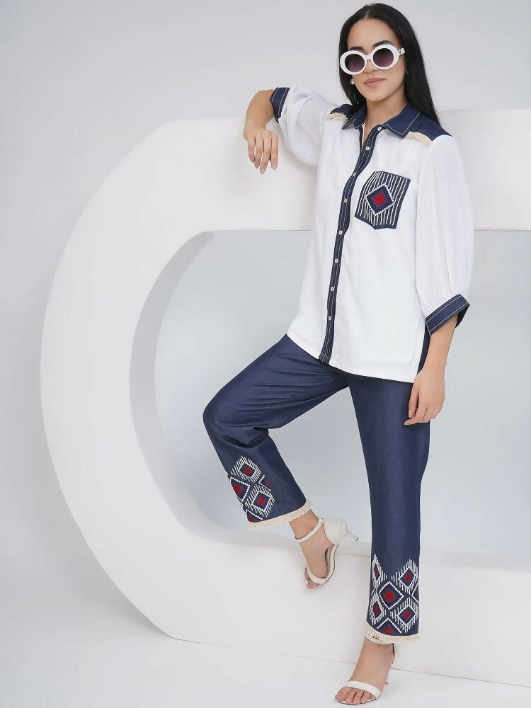 White Rayon Crepe Hand-Embellished Shirt and Embellished Pants Set