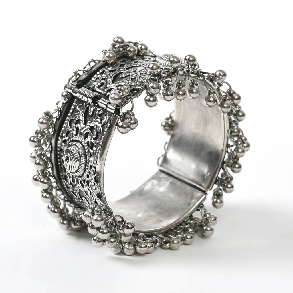 Joharkamal Oxidised Silver-Plated Ghungroo handcrafted bracelet, featuring detailed filigree and charm accents