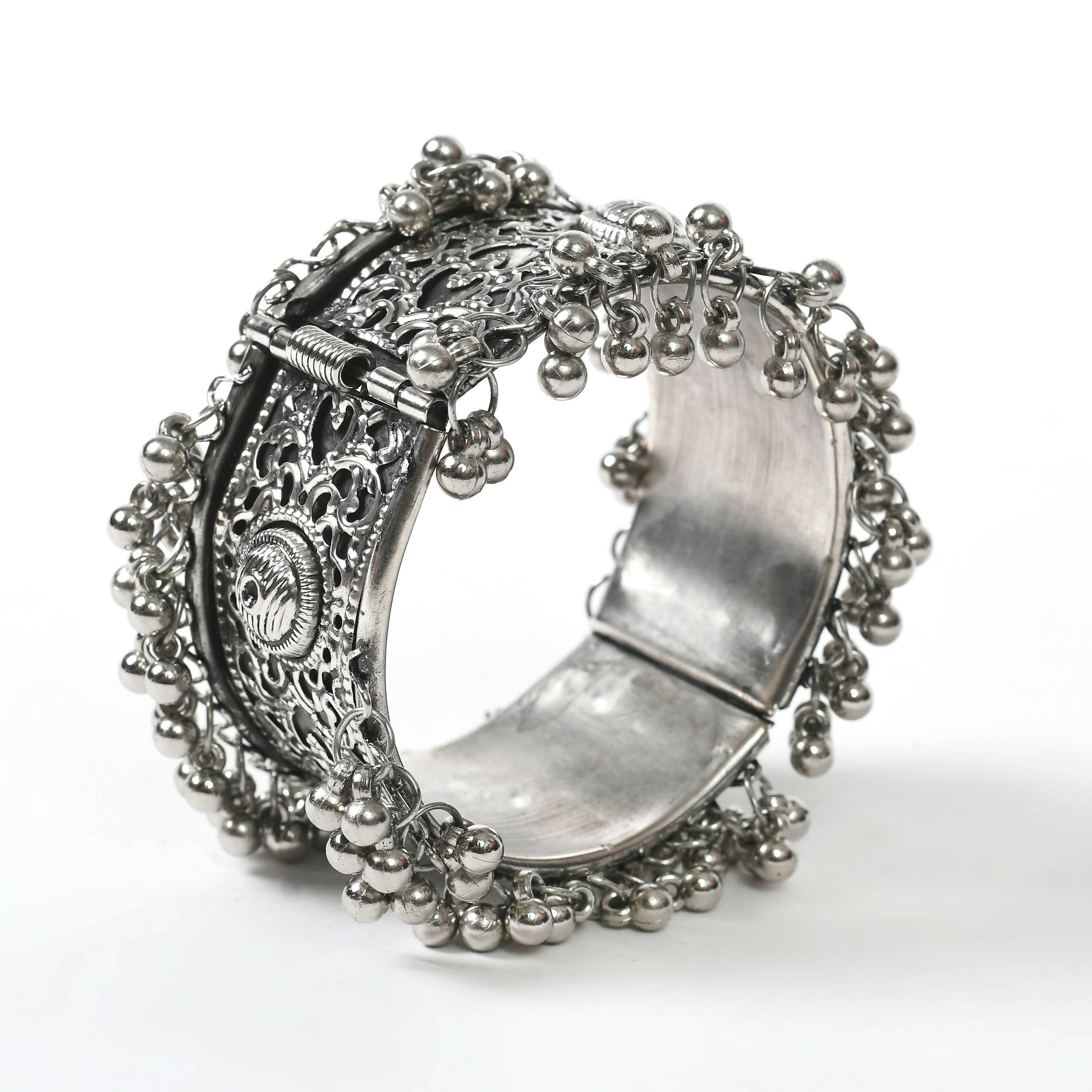 Joharkamal Oxidised Silver-Plated Ghungroo handcrafted bracelet, featuring detailed filigree and charm accents