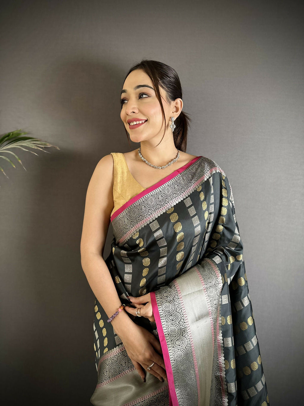 Black Checked Soft Silk Kanjivaram Saree with Kathan Blouse