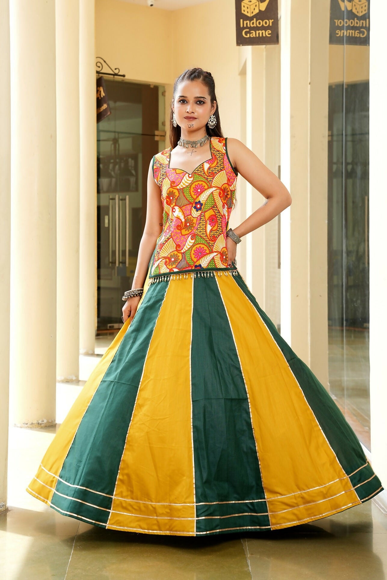 Mustard and green cotton lehenga choli set for Navratri wear